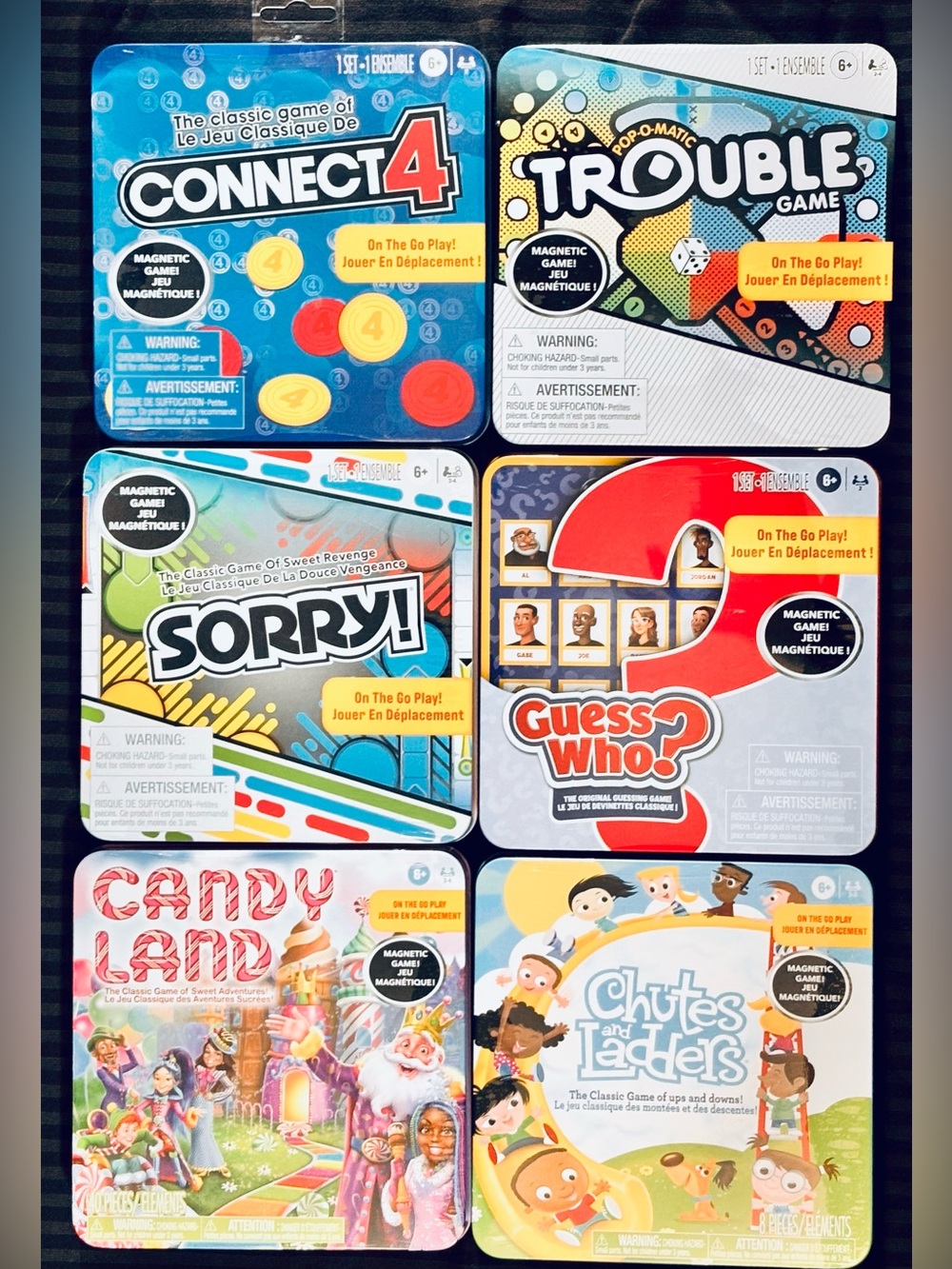 Set of Six New Hasbro Magnetic Travel Board Games in Tins